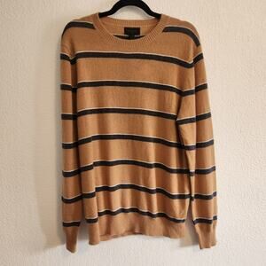 Magaschoni Man Men's Size Medium 100% Cashmere Tan/Navy Striped‎ Long Sleeve NWT